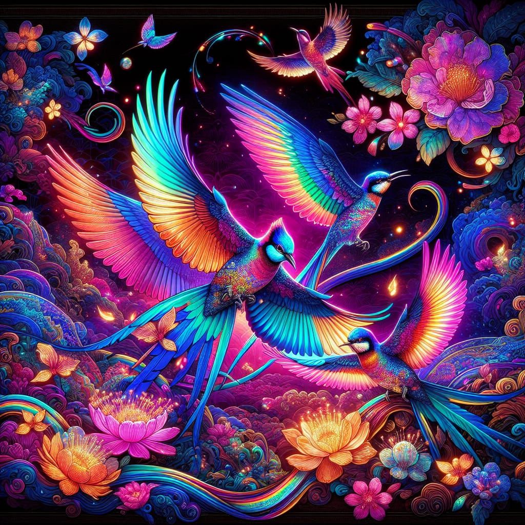 Psychedelic Birds in Ukiyo-e Style with Neon Landscape