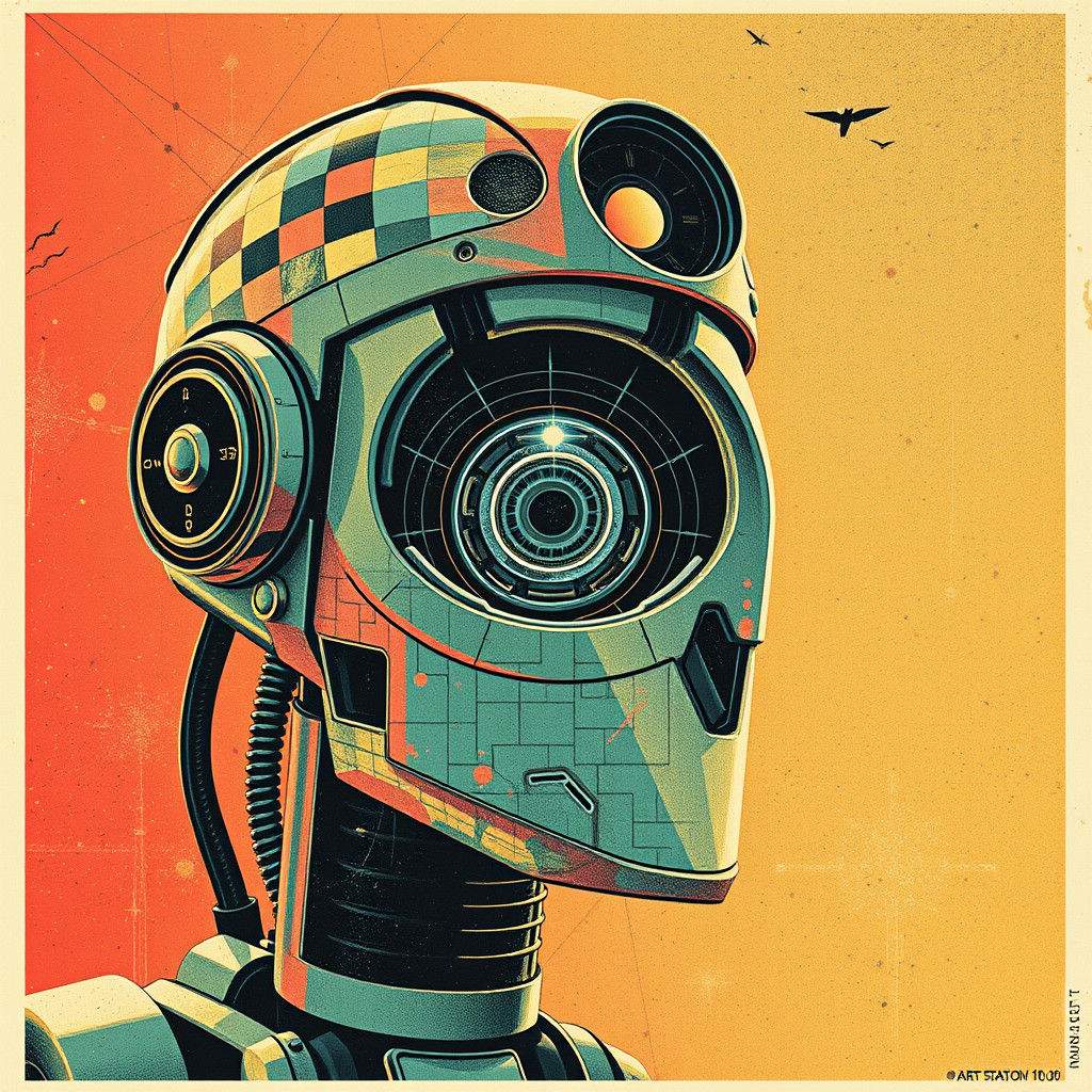 Futuristic Propaganda Poster with Robotic Overseer