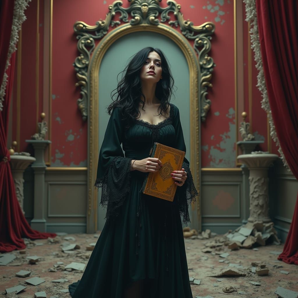 Distressed Woman in Ruined Room: A Haunting Scene