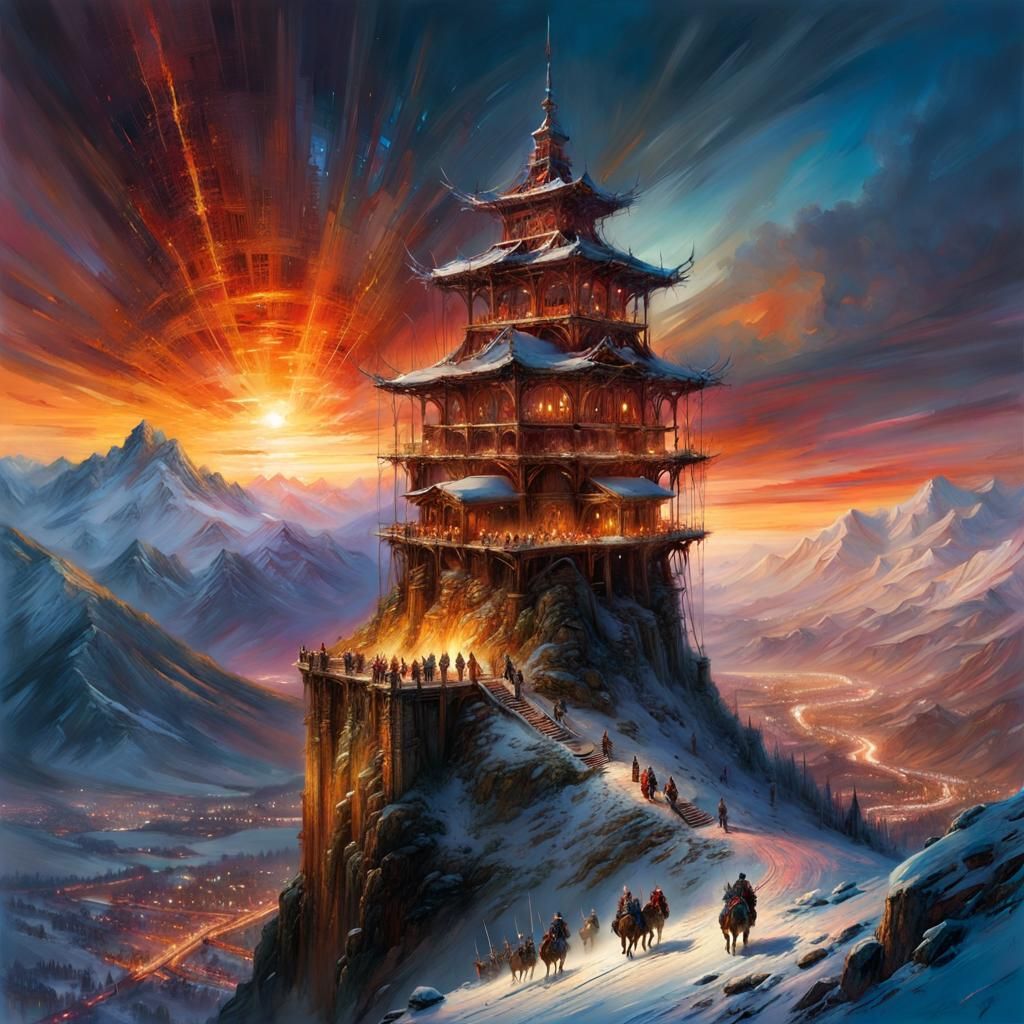 Fantastical Guard Towers at Snowy Mountain Sunset