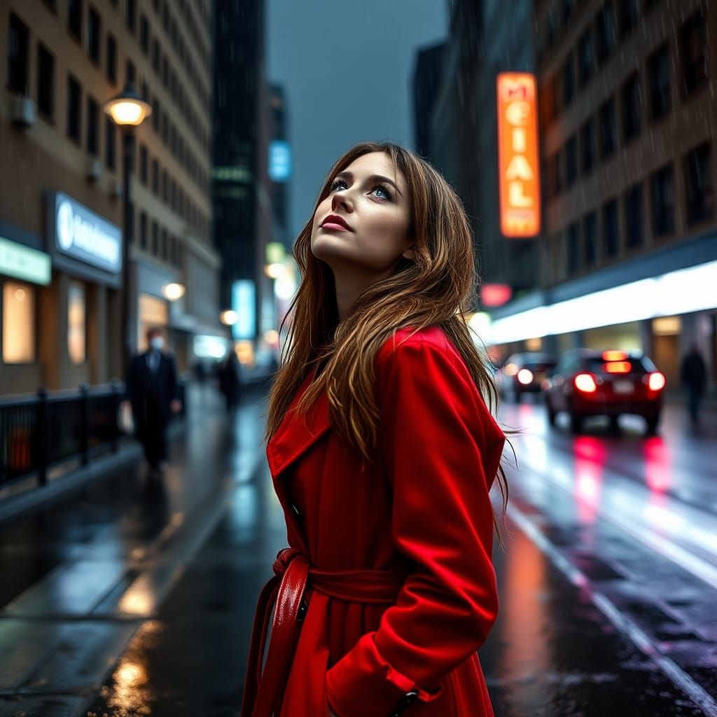 Woman in Red Coat Gazing at Rain, Hyperrealistic HDR Photogr...