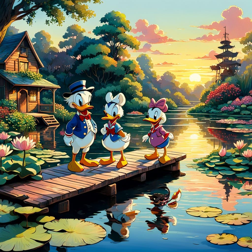 Disney-Style Donald and Daisy Duck in a Serene Lake Scene