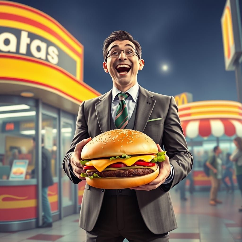 Joyful Billionaire With Burger in Ash Thorp Style