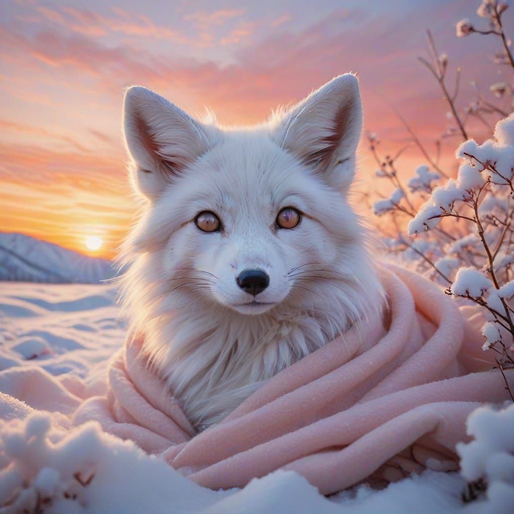 A white fox pup with crystal amber eyes sitting infront of a...