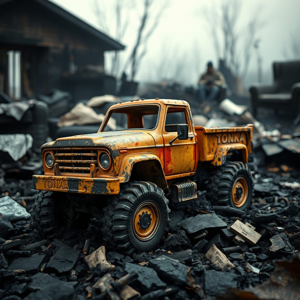 Melted Toy Truck in Dystopian Post-Apocalyptic Landscape