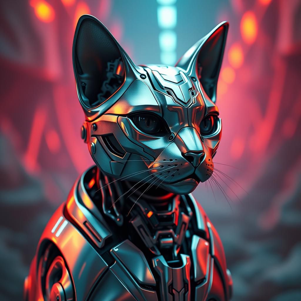 Futuristic Metallic Robotic Cat in Synthwave Style