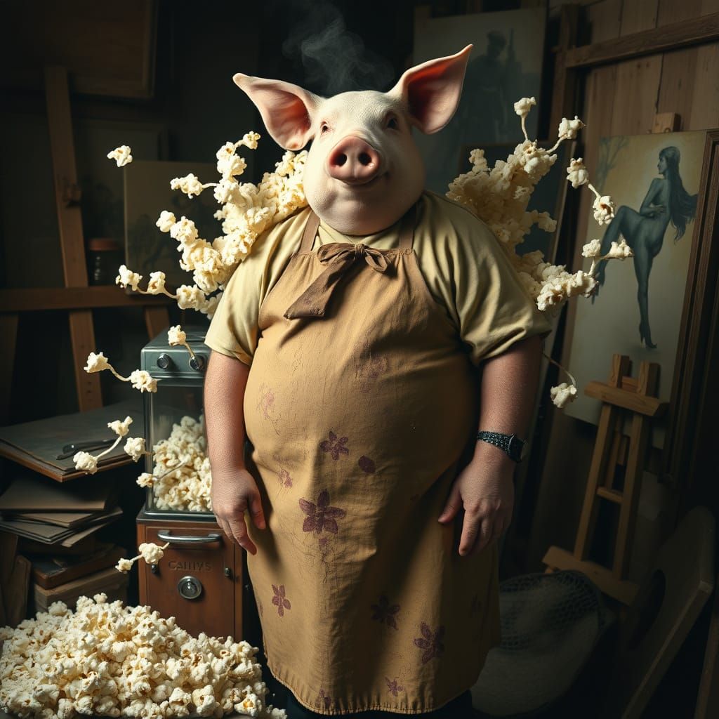 Popcorn Pig-Man Creates Popcorn Woman: Etching Style