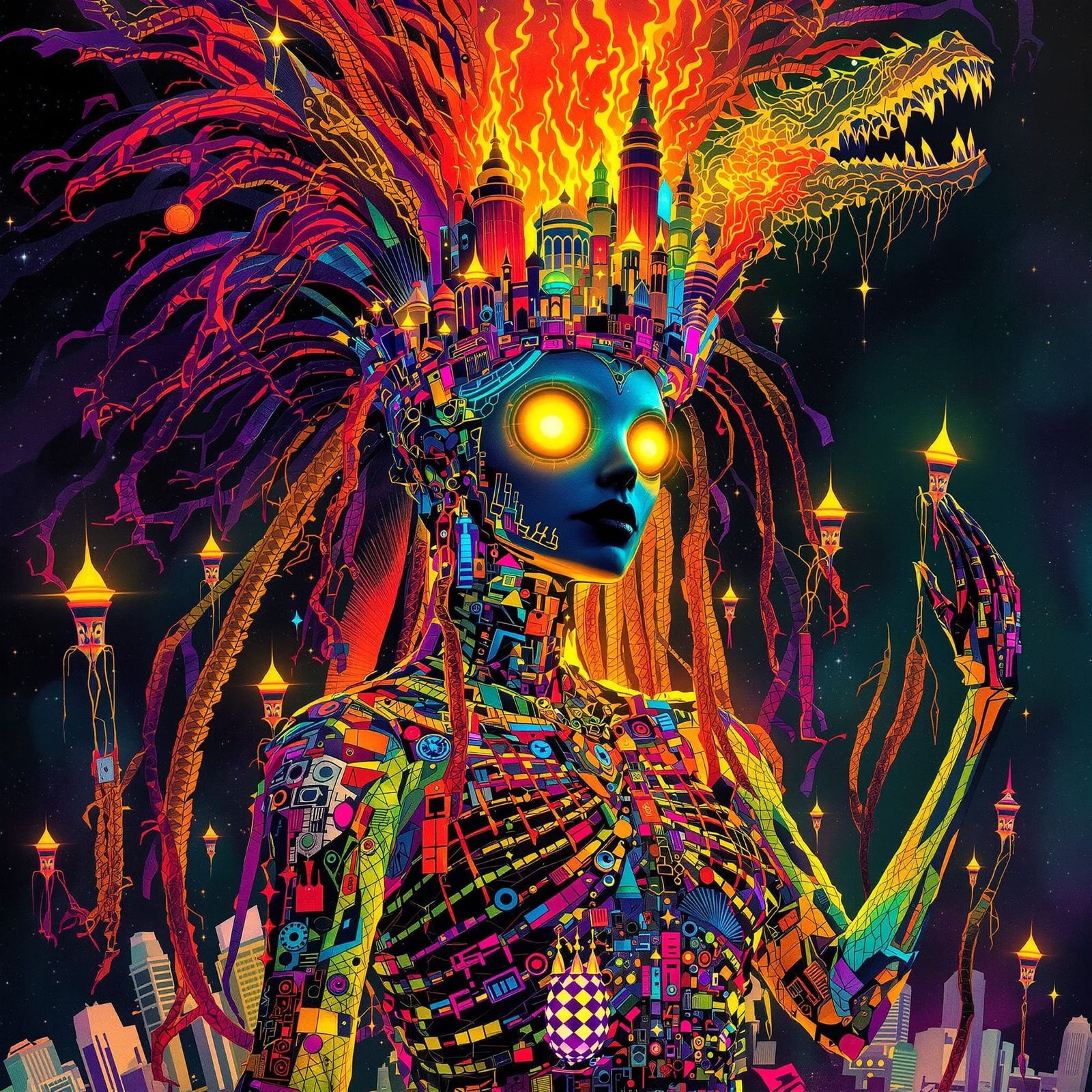 Cosmic Goddess with Metropolis Crown in Neon Style