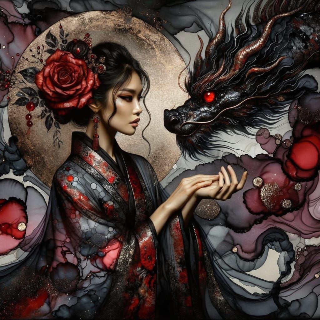 Mysterious Woman and Dragon in Cosmic Ink Style