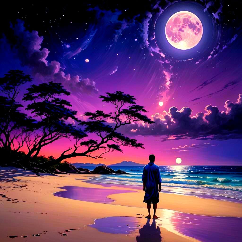 Iridescent Beach Under Three Moons: Hyperrealistic Concept A...