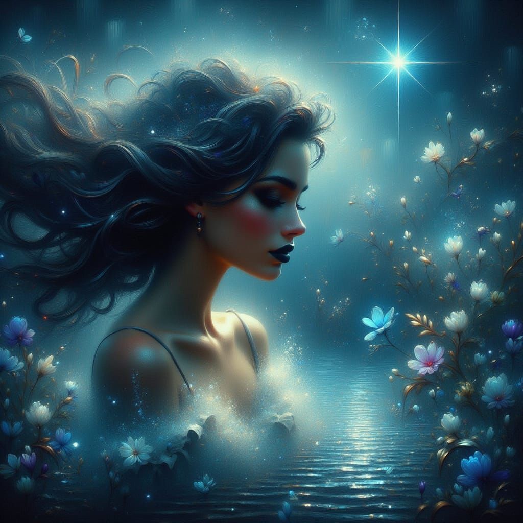 Woman Gazes at Celestial Ocean with Stardust Hair