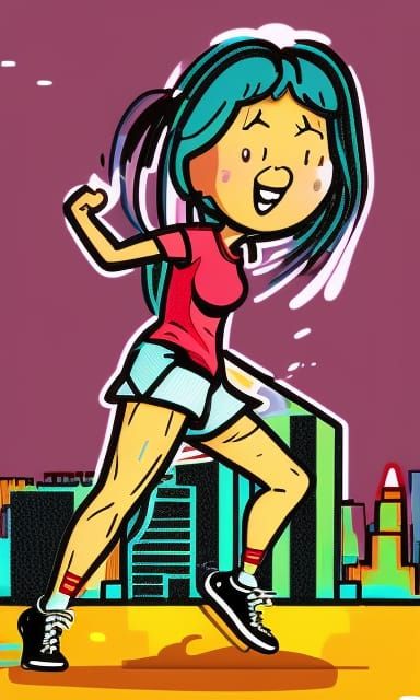 Cute Comic Character Waving in Neon Cityscape