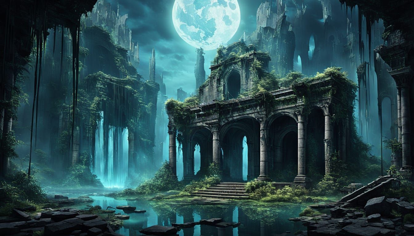 surreal magical dystopia cracked ruins floating whispers luminescent twilight veil