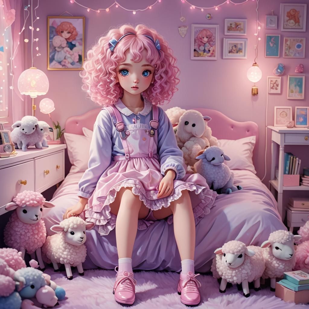 Pastel Anime Kawaii Girl in Bedroom with Neon Lights