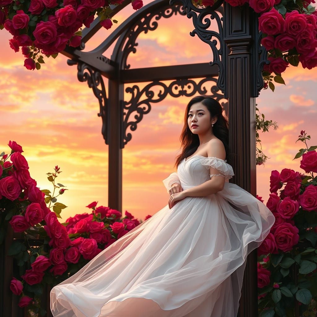 Ethereal Garden Arch in Vibrant Roses under Sunset Skies