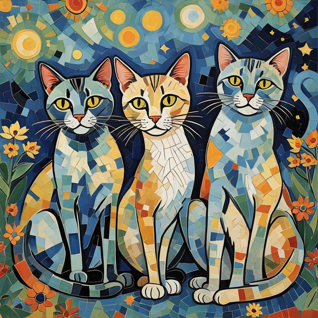 Cubist Cats in Naive Art Style