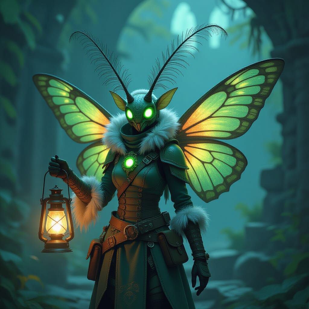 Thri-Kreen Artificer with Luna Moth Wings in Forest Ruins