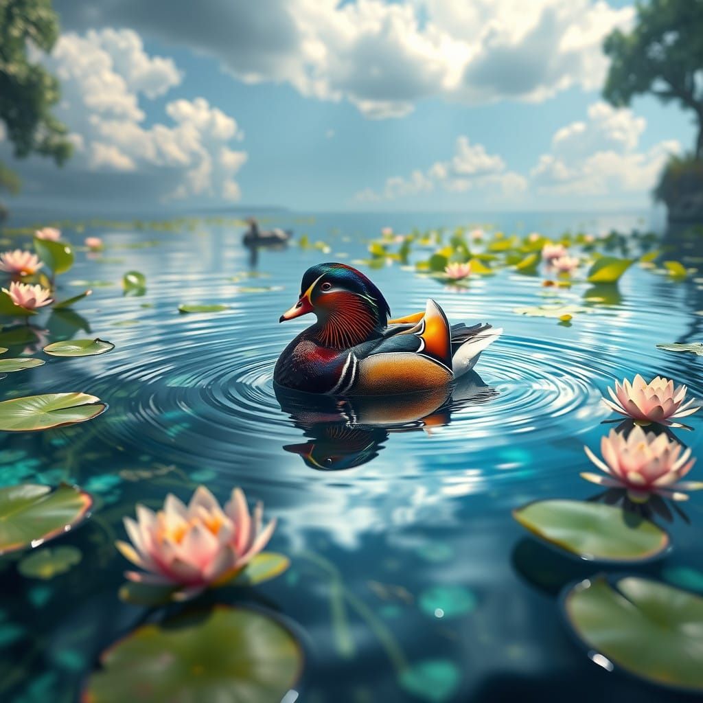 Vibrant Fantasy Duck in Enchanted Pond Scene