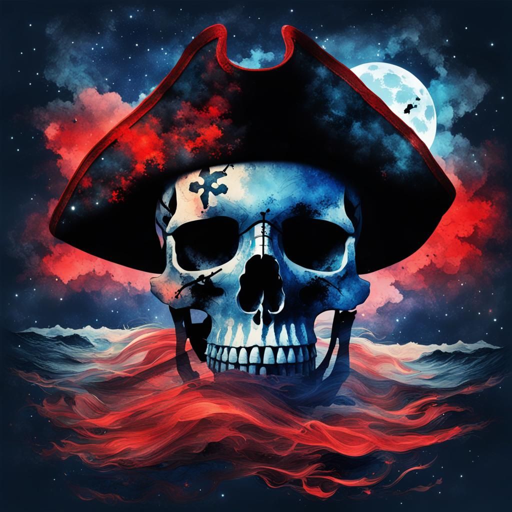 Pirate Skull in Night Sky: Digital Watercolor