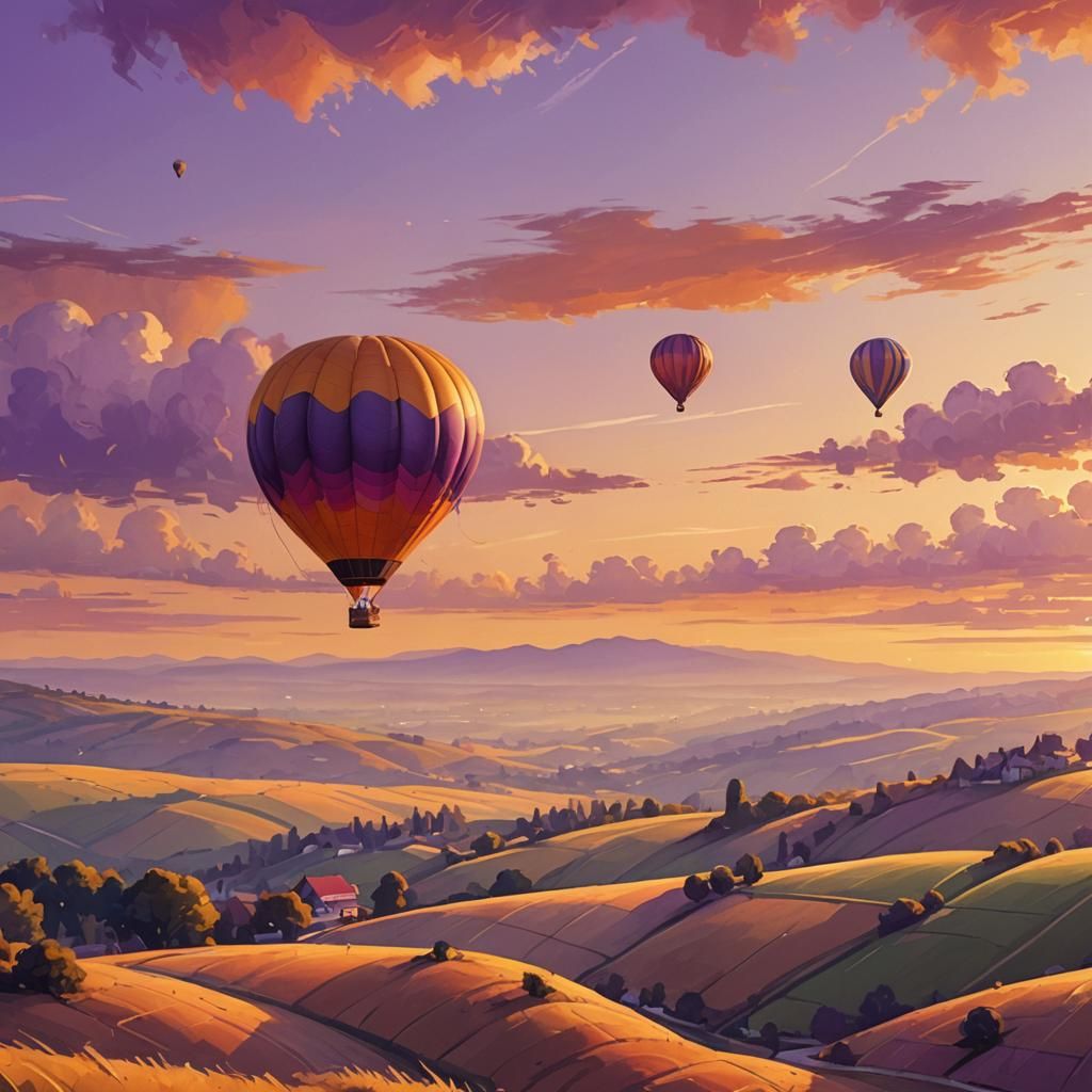 Hot Air Balloon Sunrise in Golden Hour Digital Painting