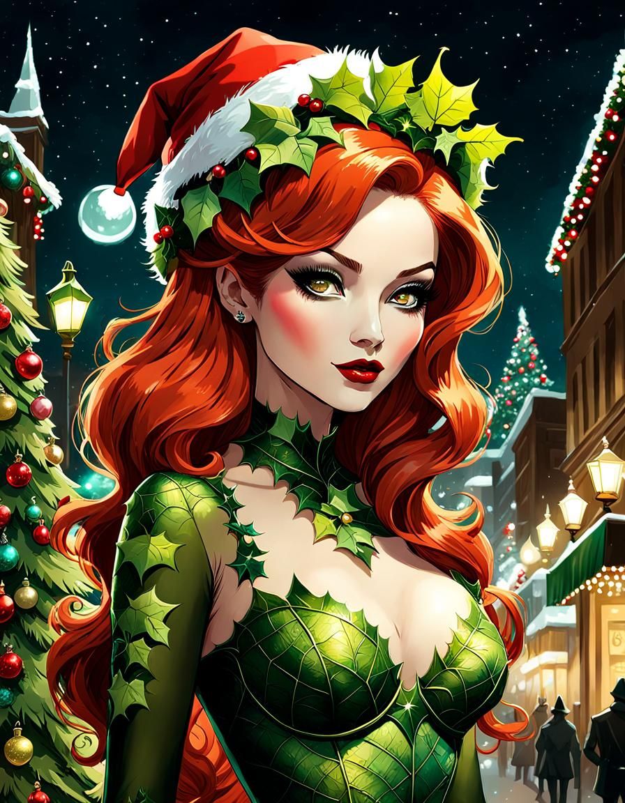 Poison Ivy Christmas Portrait in Comic Book Style