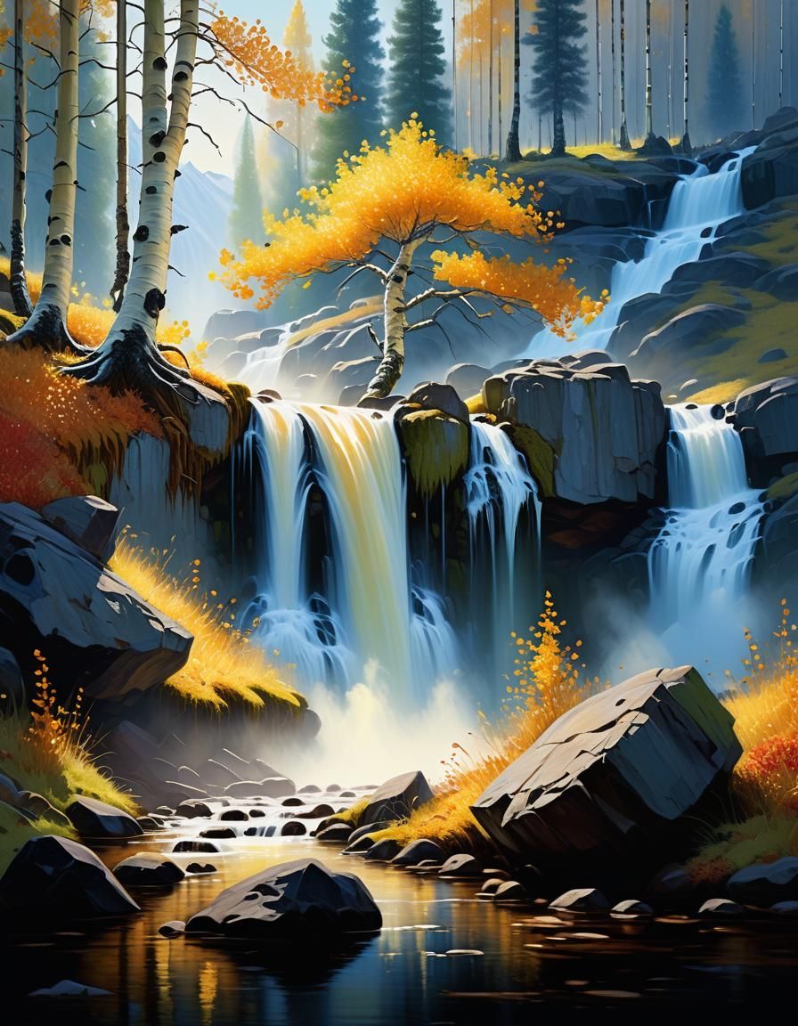 Waterfall in Aspen Grove: Impressionist Oil Painting
