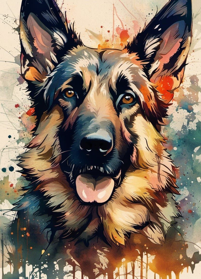 German Shepherd in Forest: Splash Art Style