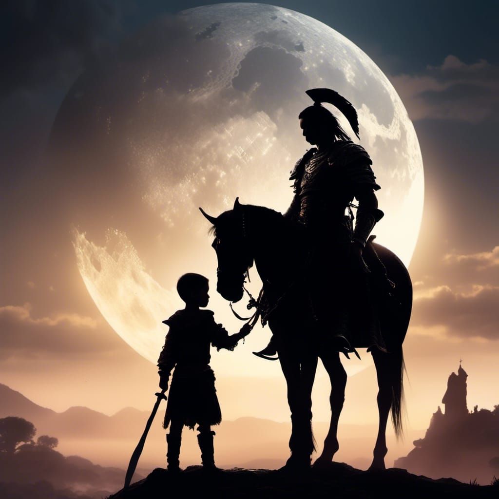 Silhouette of Warrior Father and Son Watching Moon