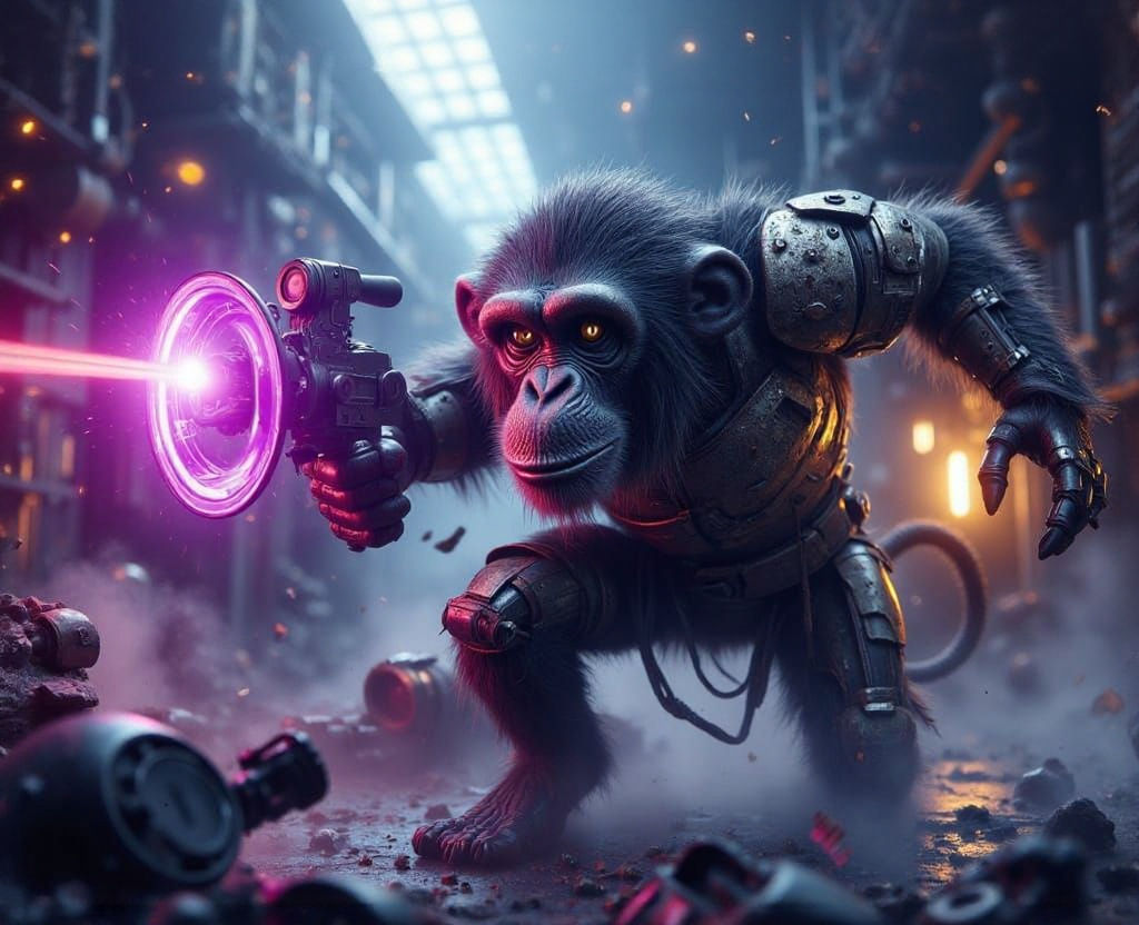 Sci-Fi Cyborg Chimpanzee in Destroyed Lab