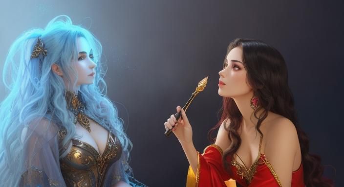 Fantasy Woman in Red with Blue Bird Portrait