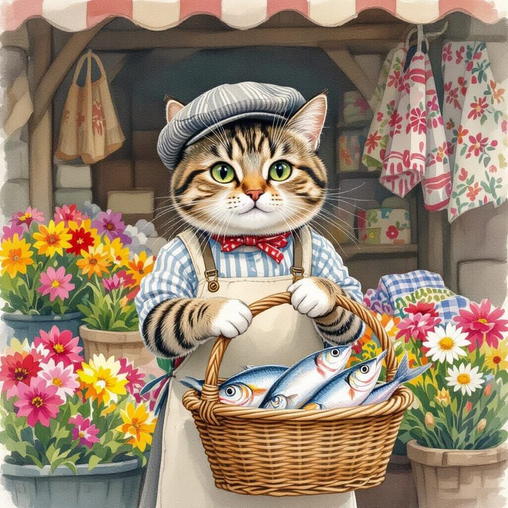 Striped Cat Proudly Sells Fish: Beatrix Potter Style