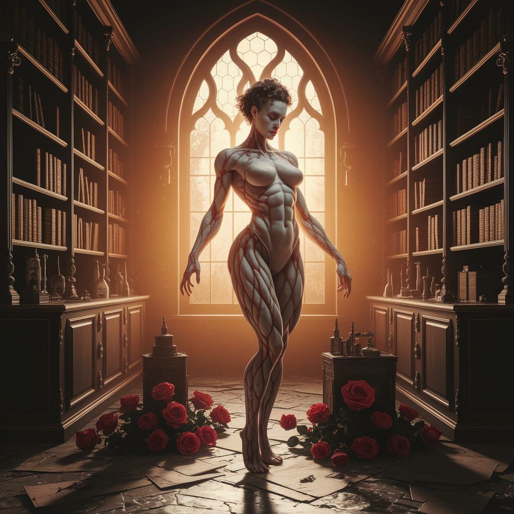 Muscular Female Frankenstein in Amber Light as Classical Oil...