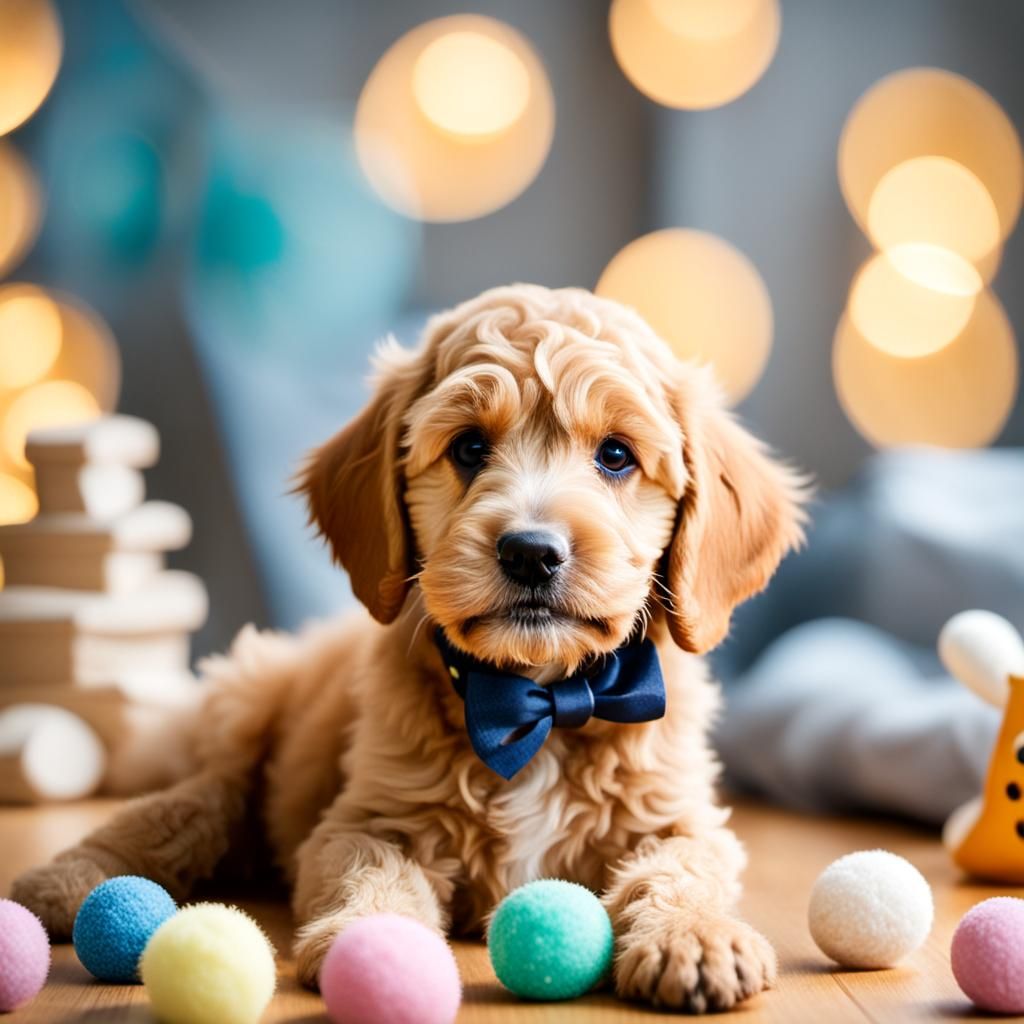 Cute Golden Doodle Puppy with Chew Toys