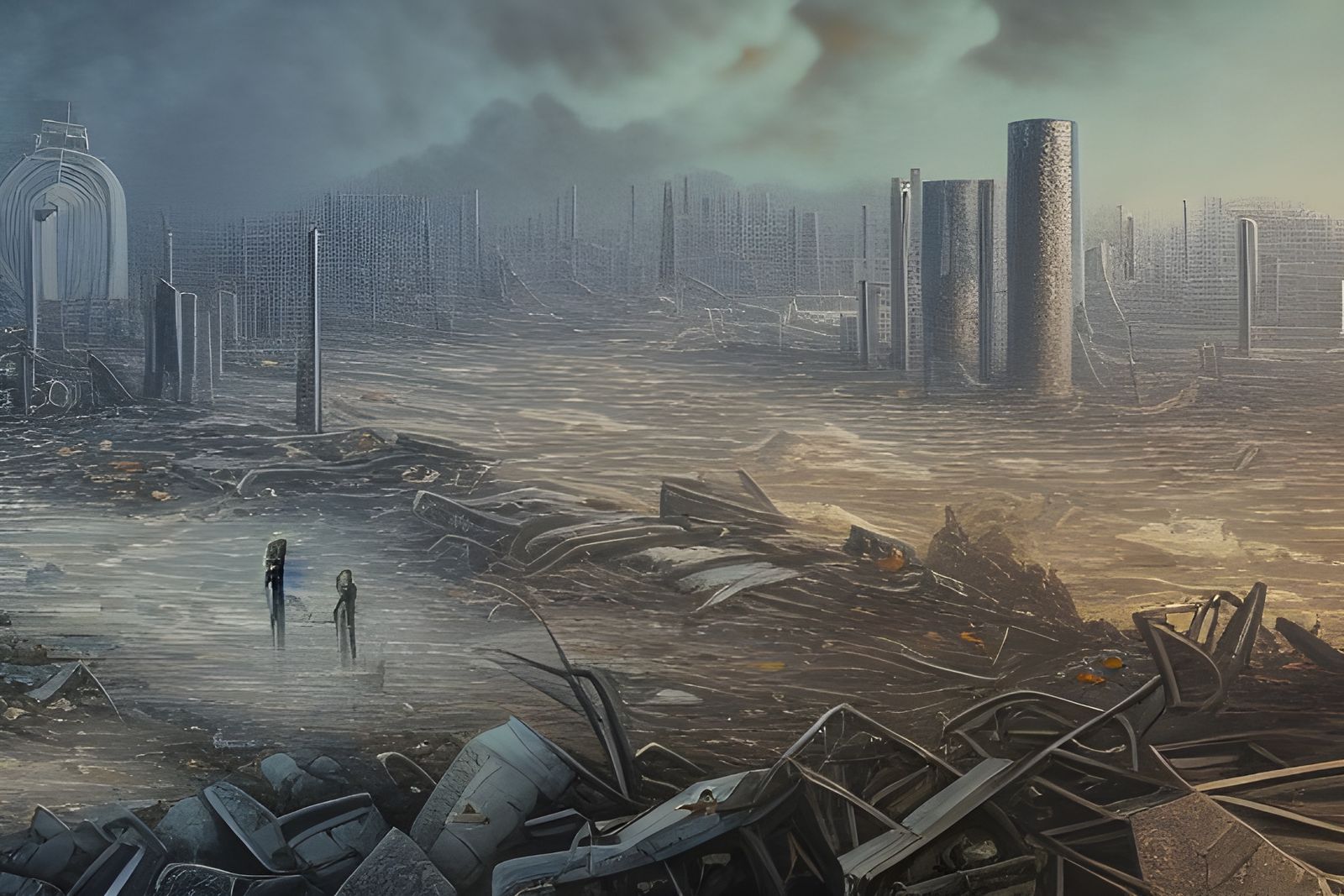 Figure Overlooking a Ruined City: Oil Painting