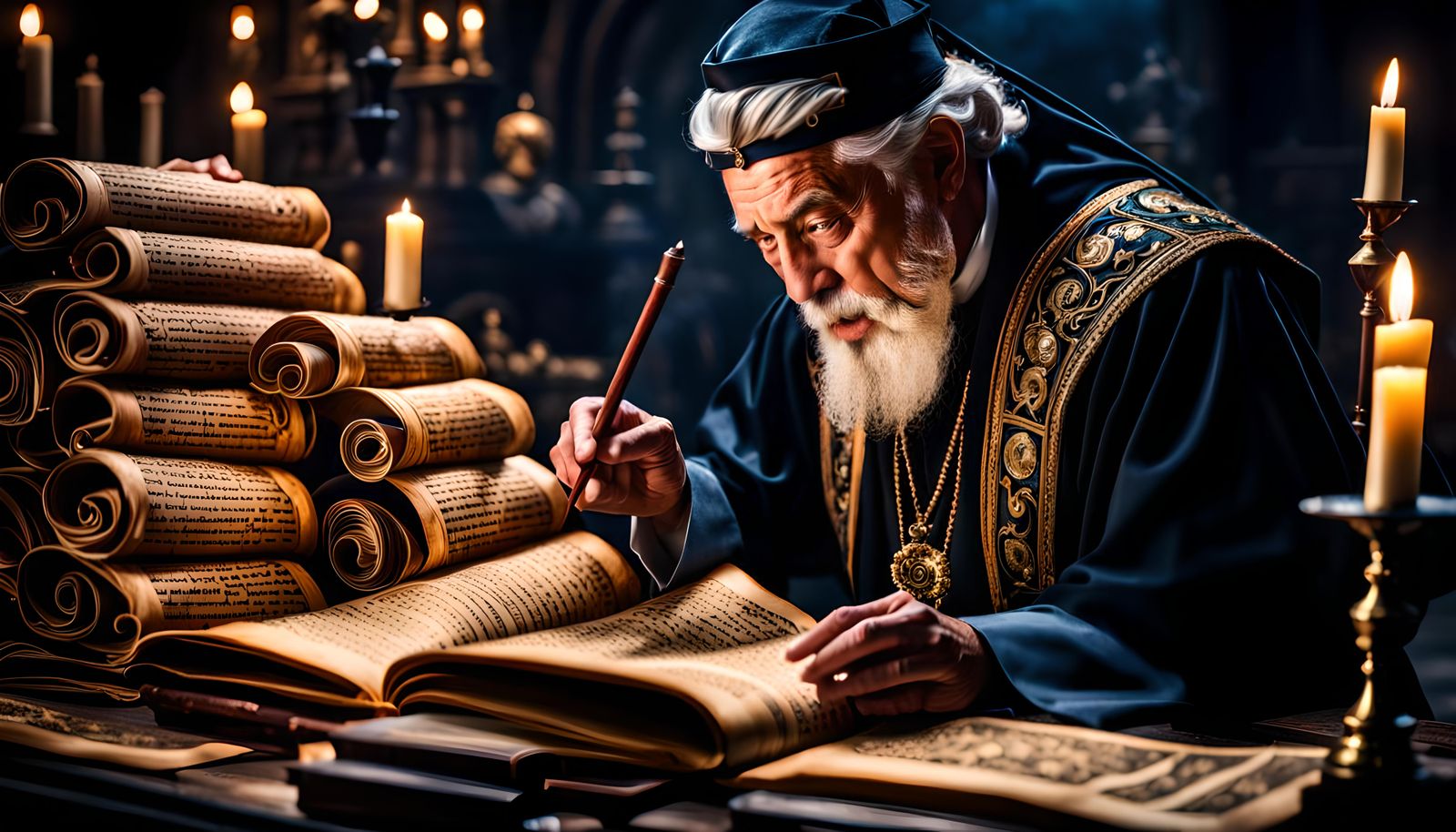 Ancient Mage Reads Scroll in Hyperrealistic Detail