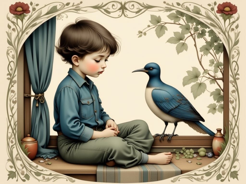 Whimsical Boy Contemplates Life with Majestic Bird