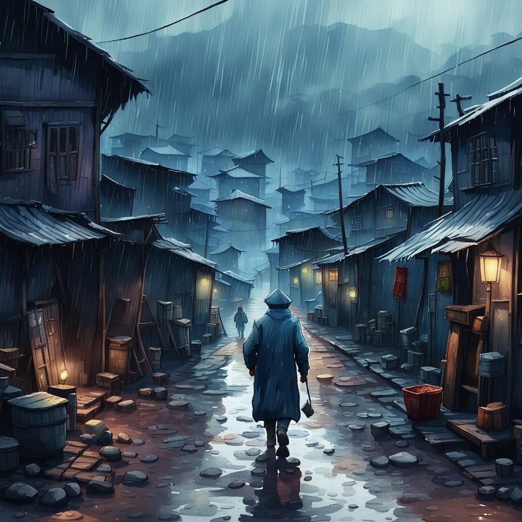 Gloomy Shantytown Villager in Watercolor Style