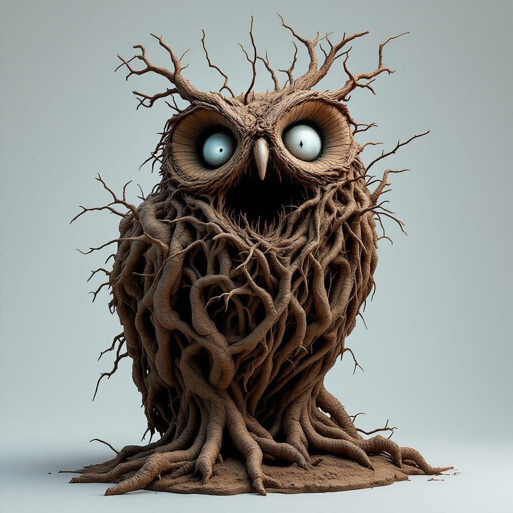 Twisted Earthy Owl Sculpture in Dreamlike Style