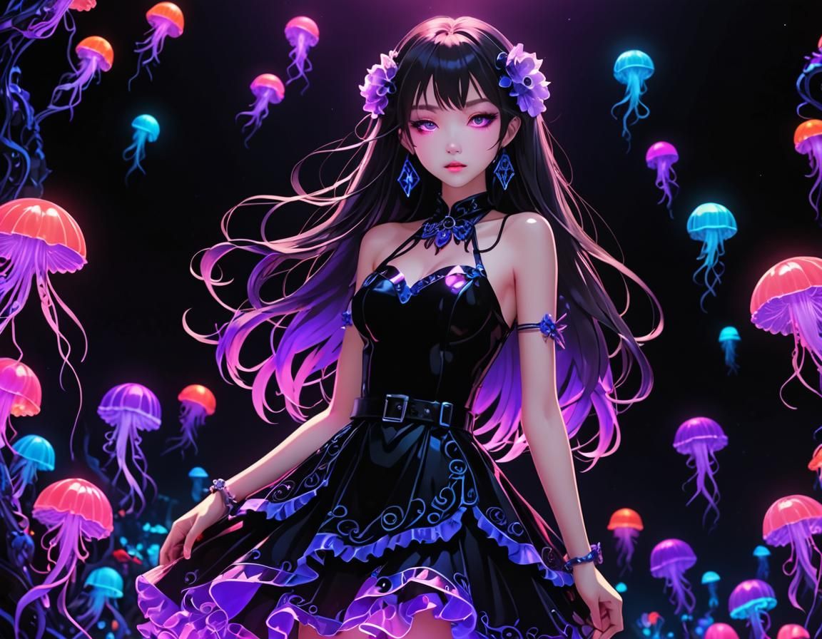 Jellyfish Pastel Goth Dress in Neon UV Light