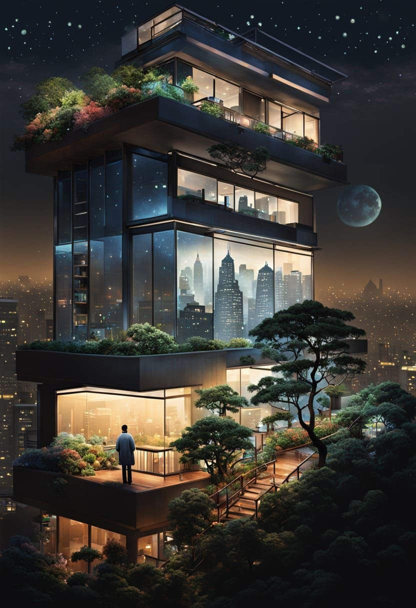 Contemplative Gardener in Futuristic Cityscape, Painterly St...