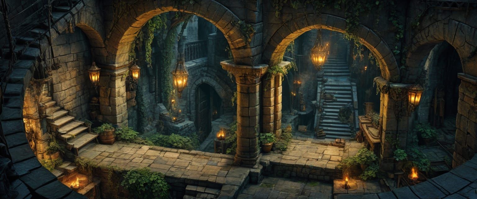 Fantasy Dungeon Floorplan with Eerie Lighting