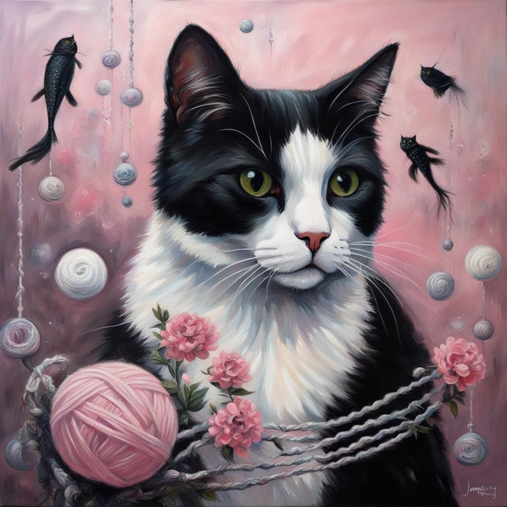 Black and White Cat Portrait with Fish Bones