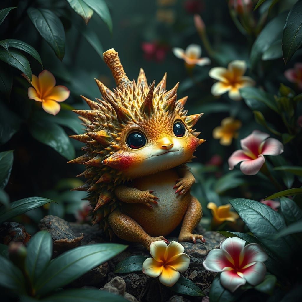 Vibrant Durian Creature in Tropical Paradise, in Hyperrealis...