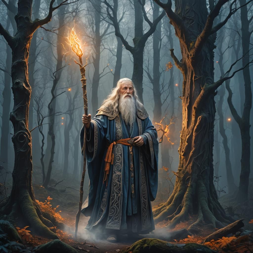 Mystical Wizard in Forest, High Fantasy Illustration