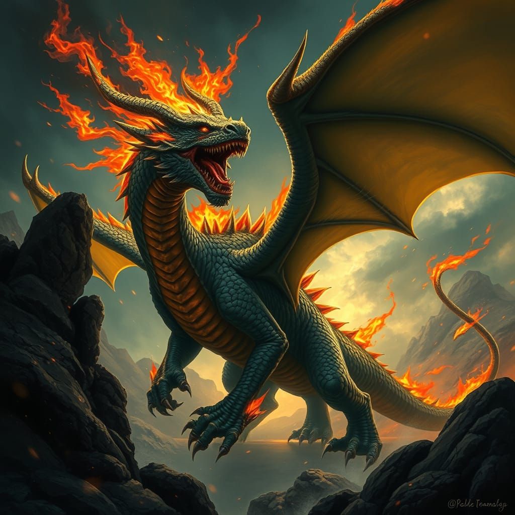 Fierce Dragon in Dark Fantasy Landscape