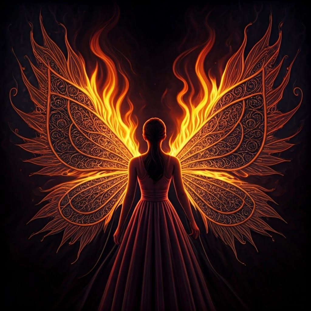 A fire fairy with wings made of fire.   Very intricate lace ...