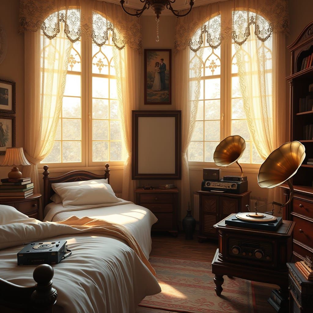 Cozy Bedroom Scene in Golden Light with Vintage Decor