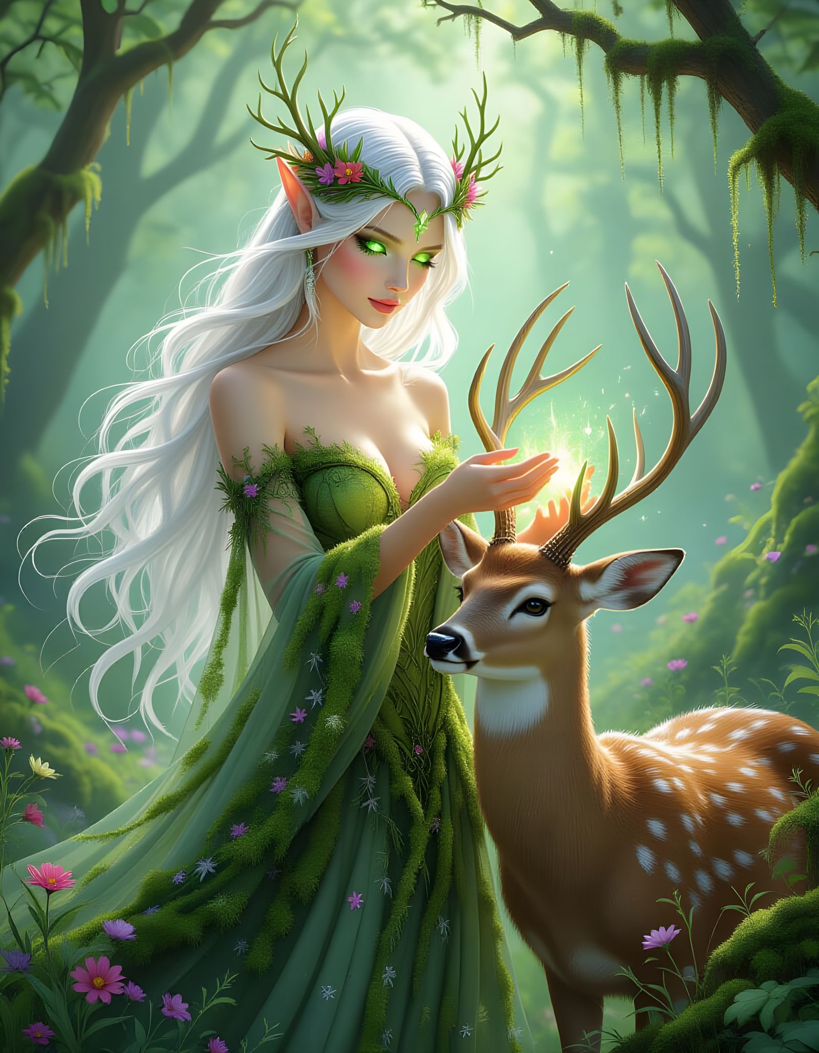 Sylvan Fae Healing a Deer in Forest Glade