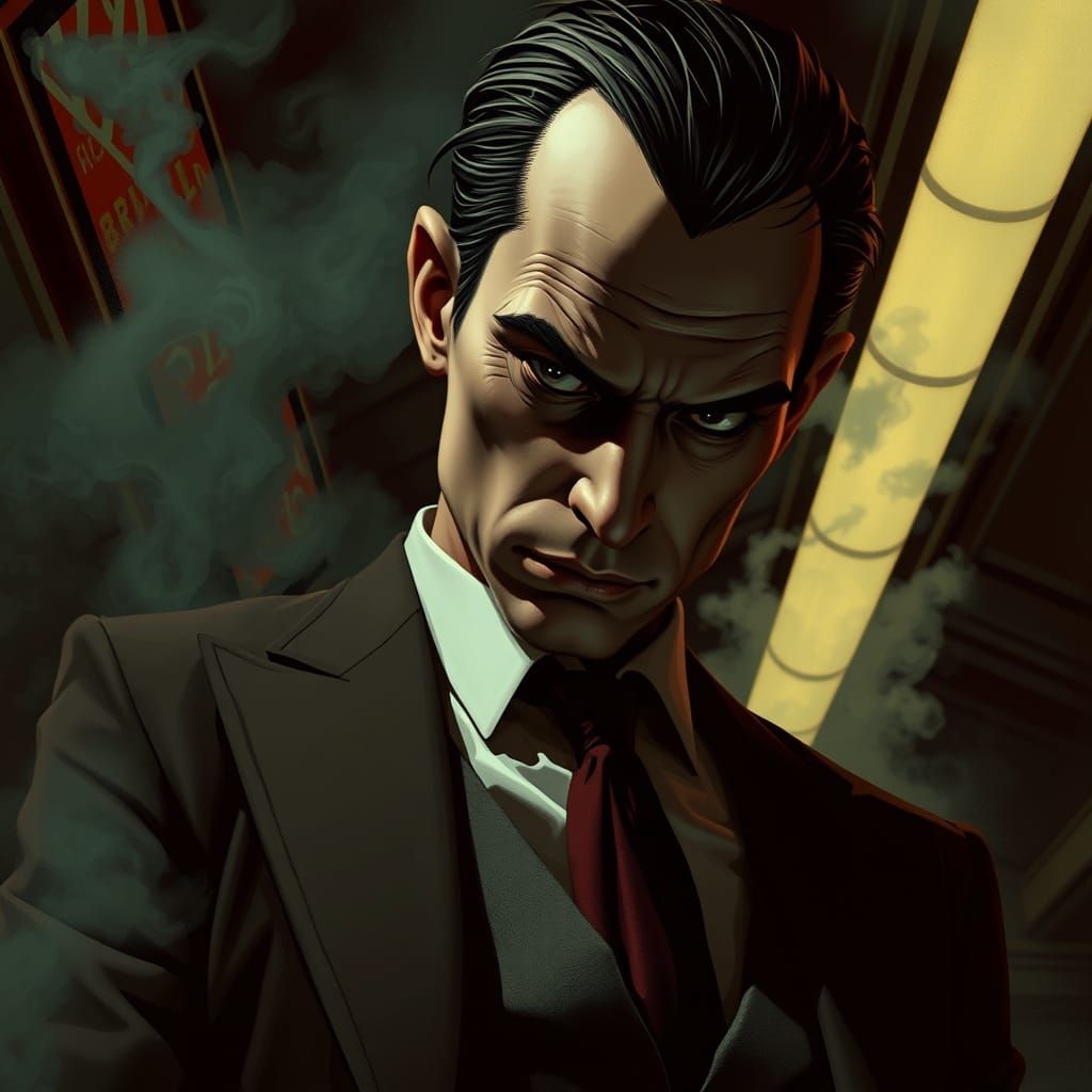 Scheming Merchant in Noir Cyberpunk Style