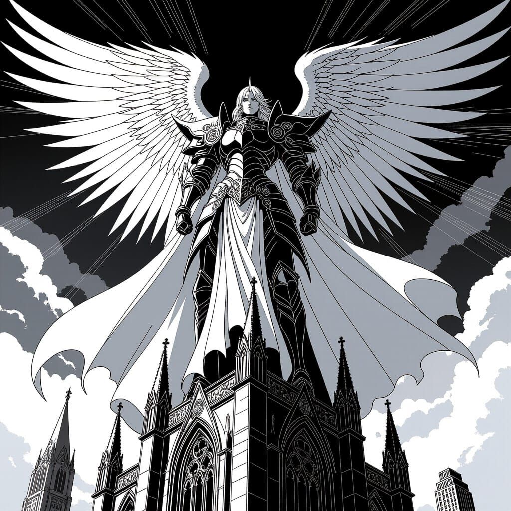 Angelic Warrior on Gothic Cathedral, Manga Style